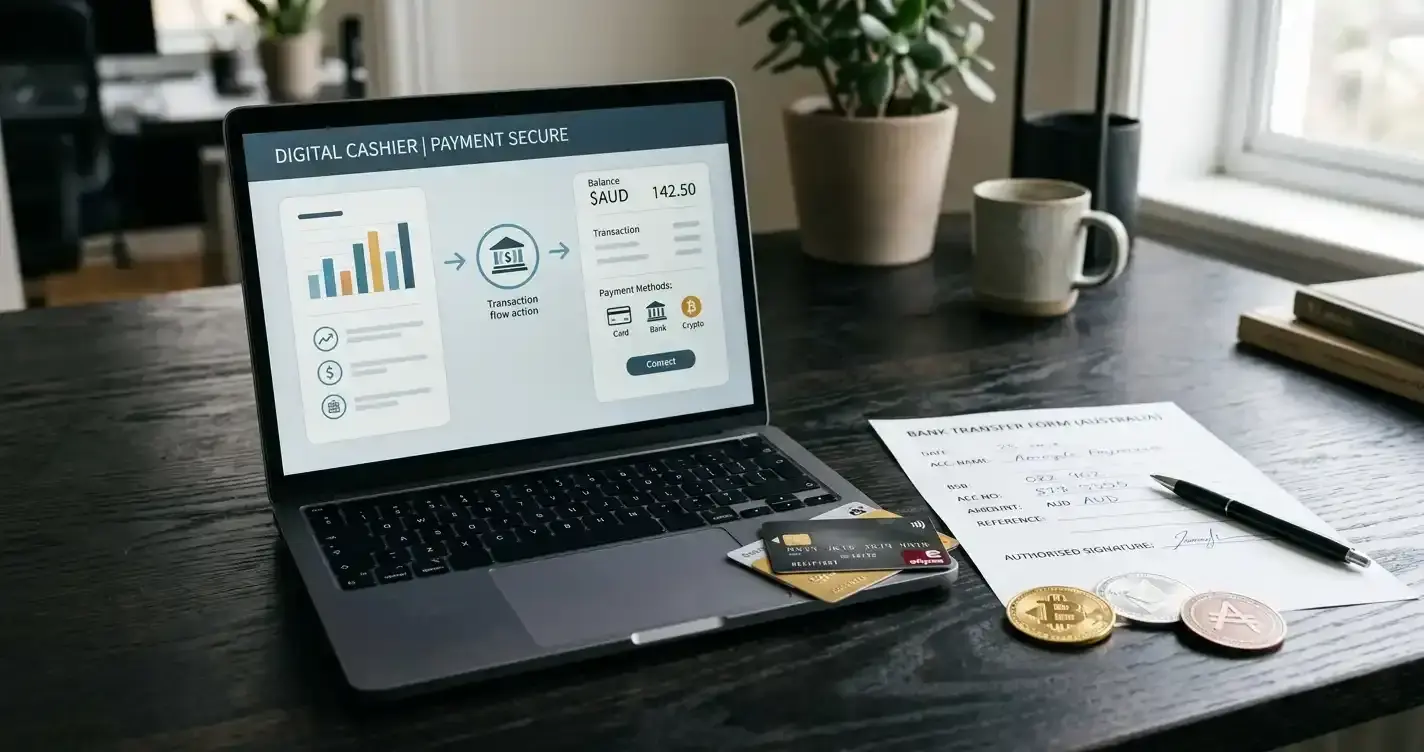 Bank cards, a bank transfer form and cryptocurrency symbols arranged beside a laptop