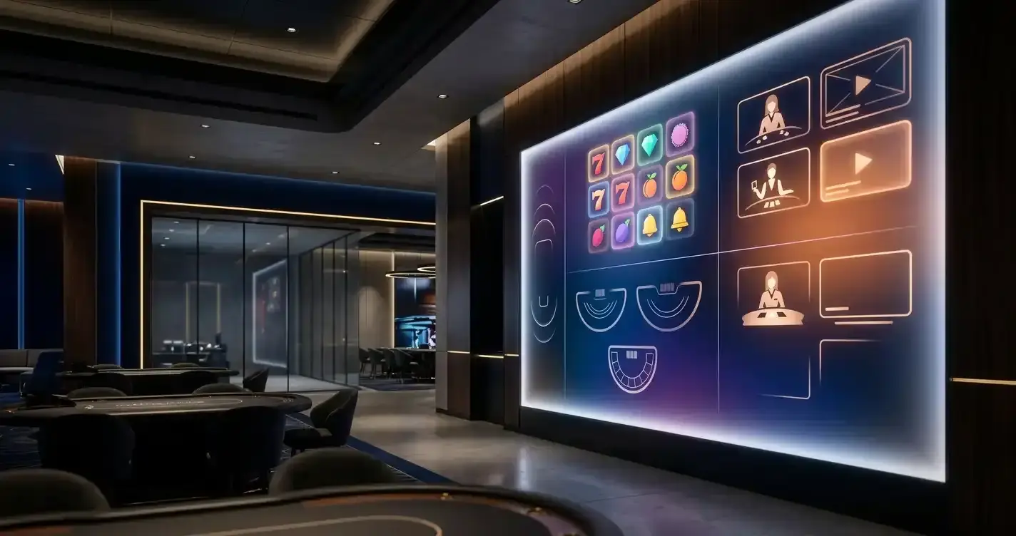 Casino game lobby concept with slot tiles, card tables and live dealer screens