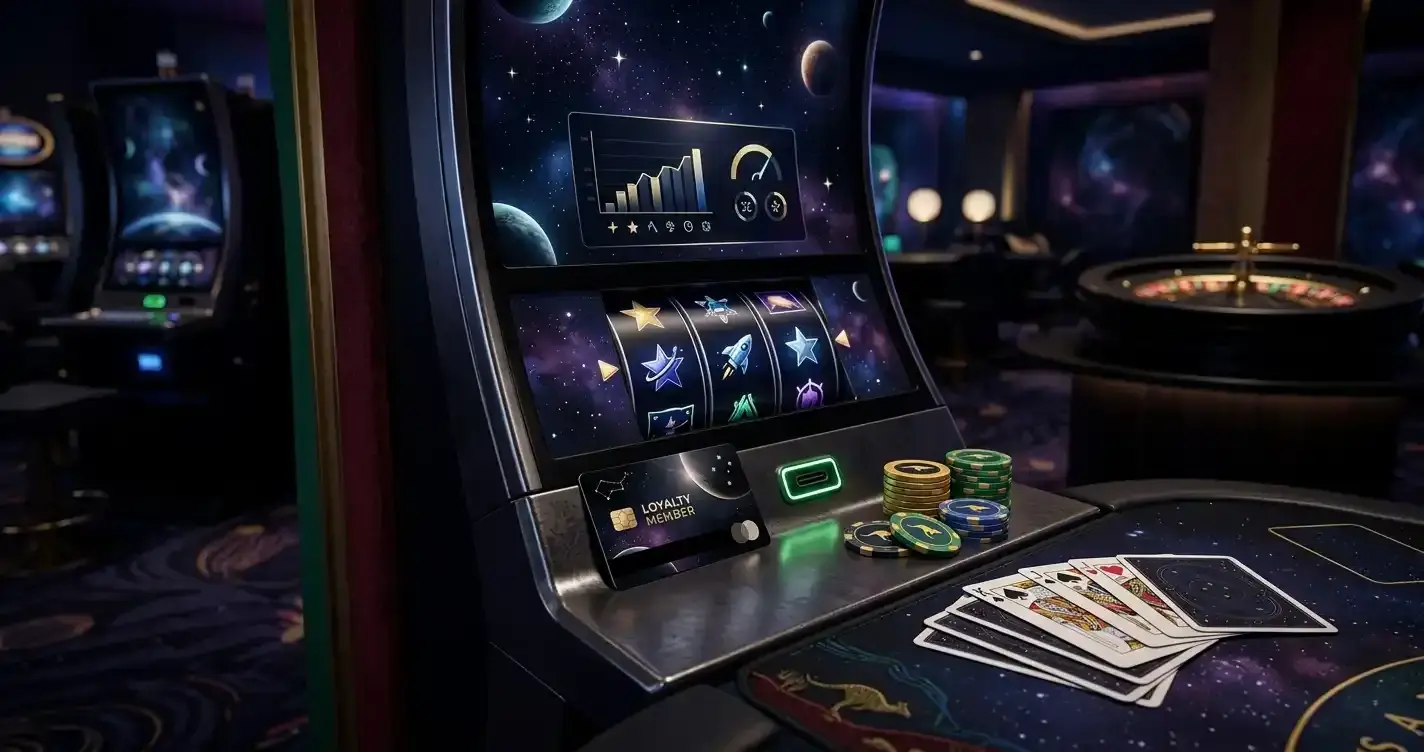 Casino loyalty progress cards beside slot reels, roulette chips and playing cards