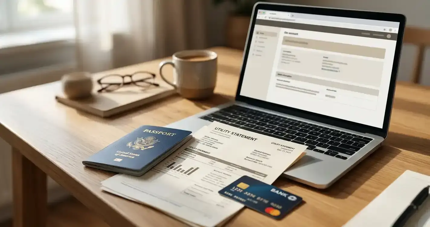 Passport, proof-of-address document and bank card beside a laptop on a desk