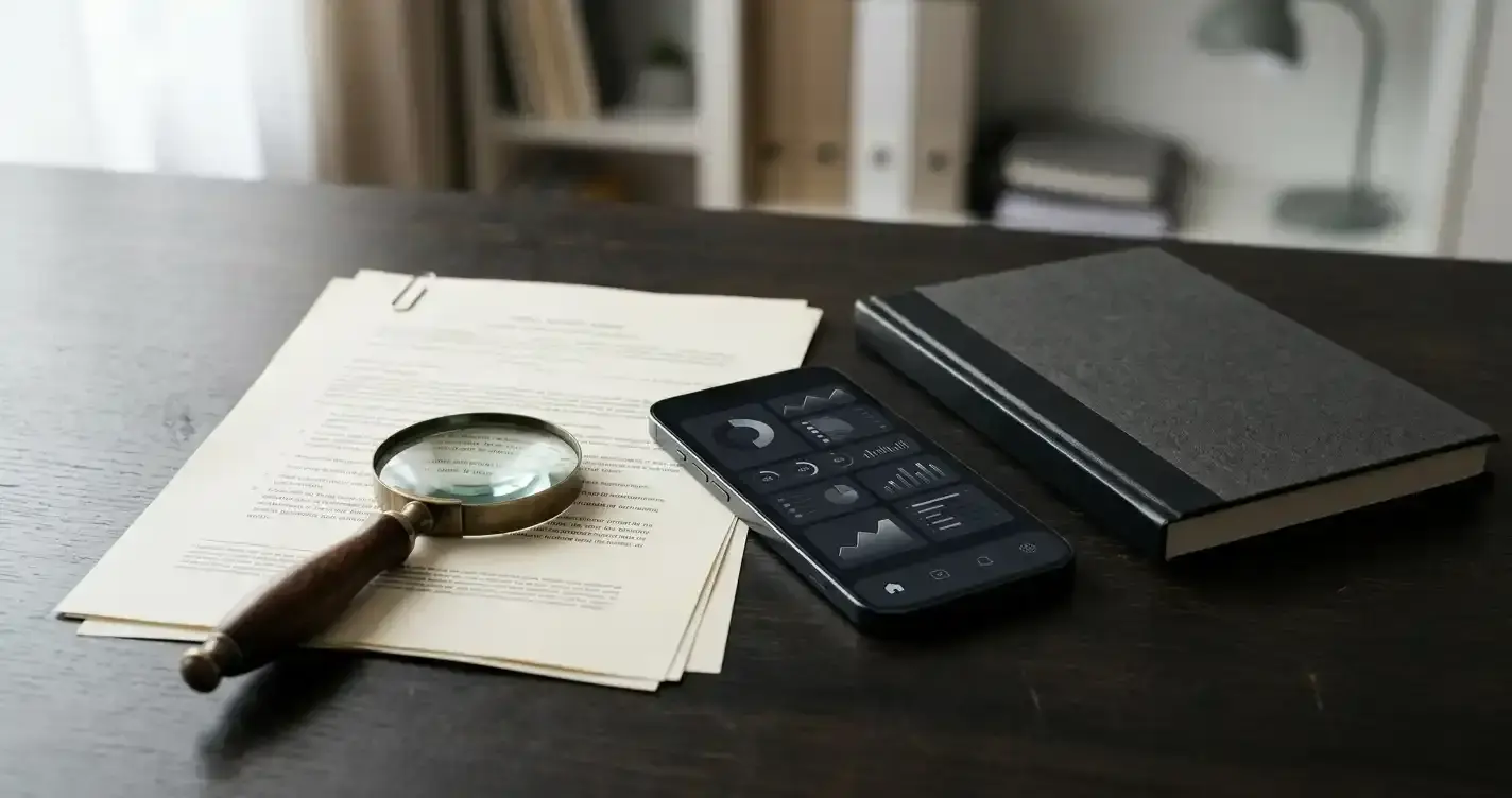 Phone, legal papers and a magnifying glass arranged on a dark desk