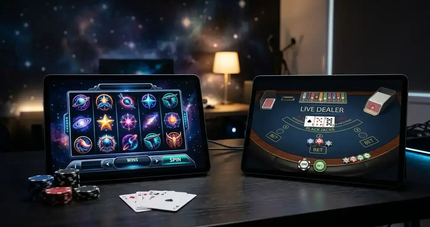 Slot reels, playing cards and a live dealer table displayed across several screens