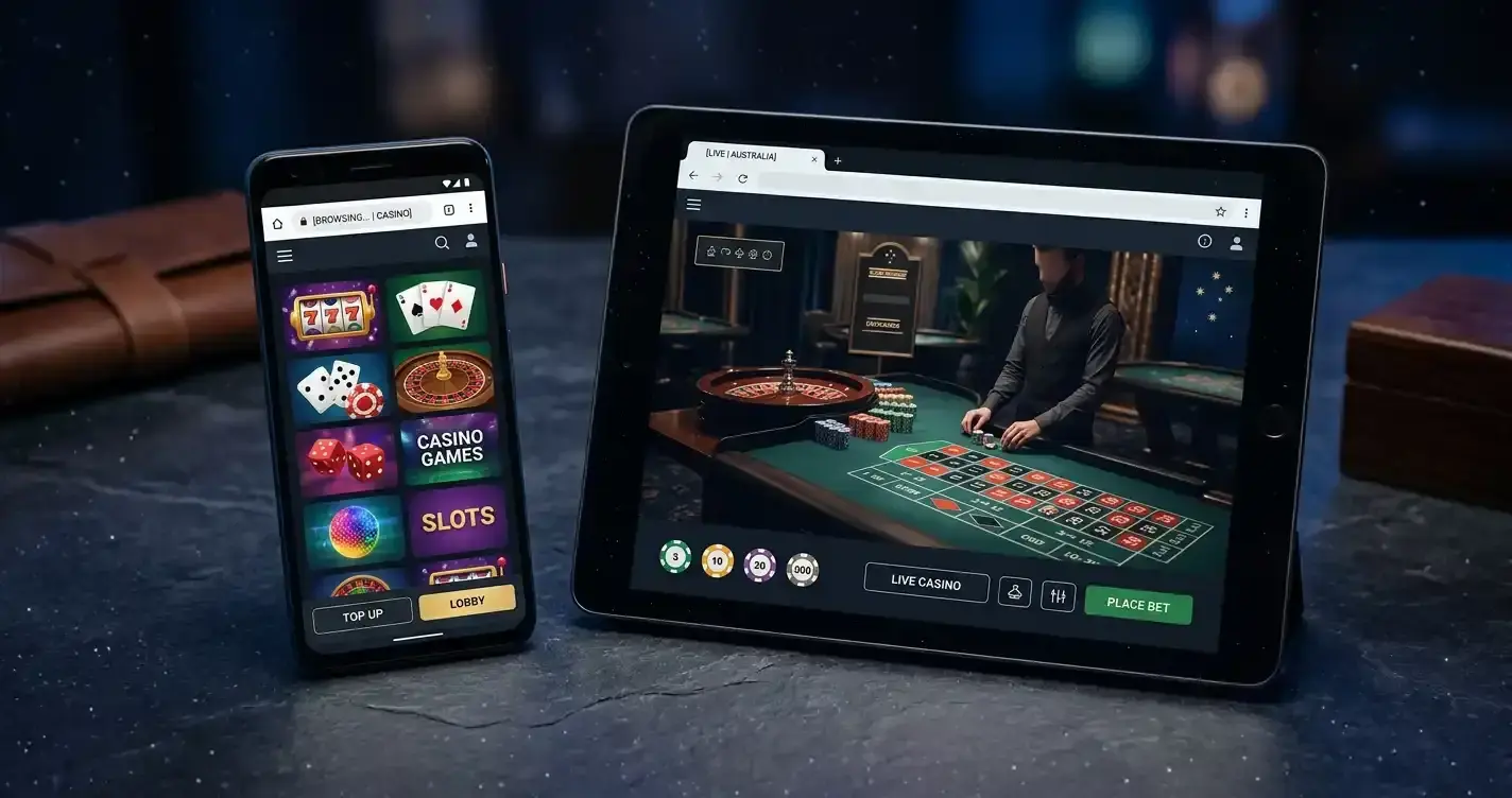 Smartphone and tablet showing casino-style game tiles and a live table interface in web browsers